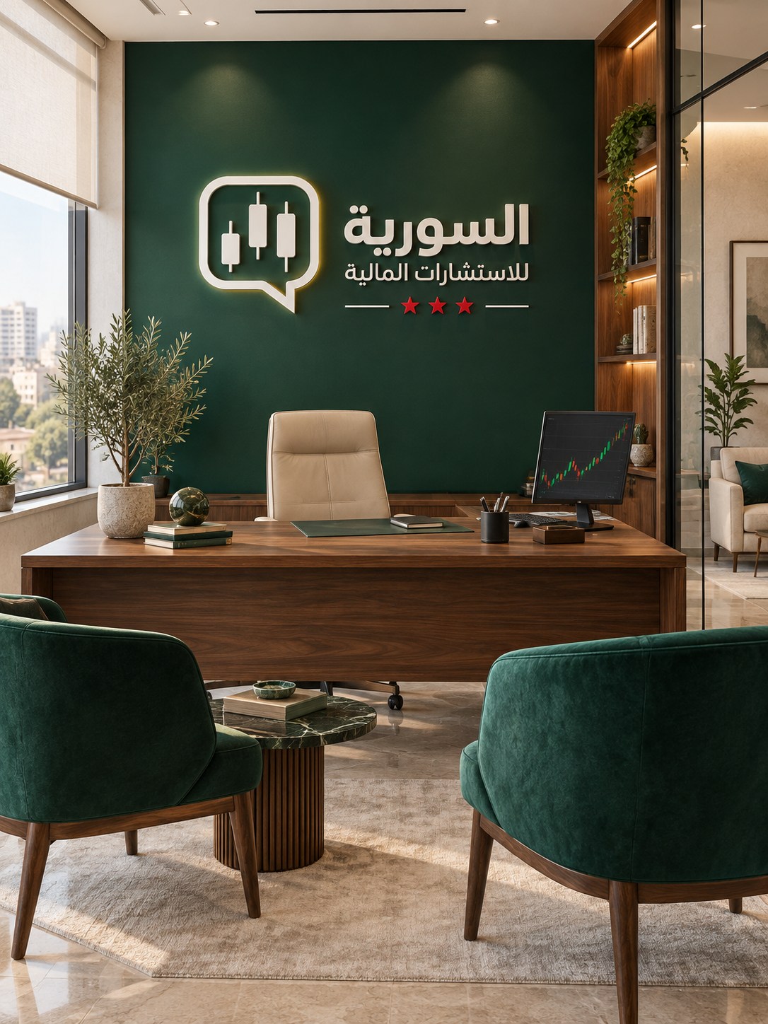 تصوّر تعبيري لمكتب فاخر يحمل شعار السورية للاستشارات المالية على الحائط