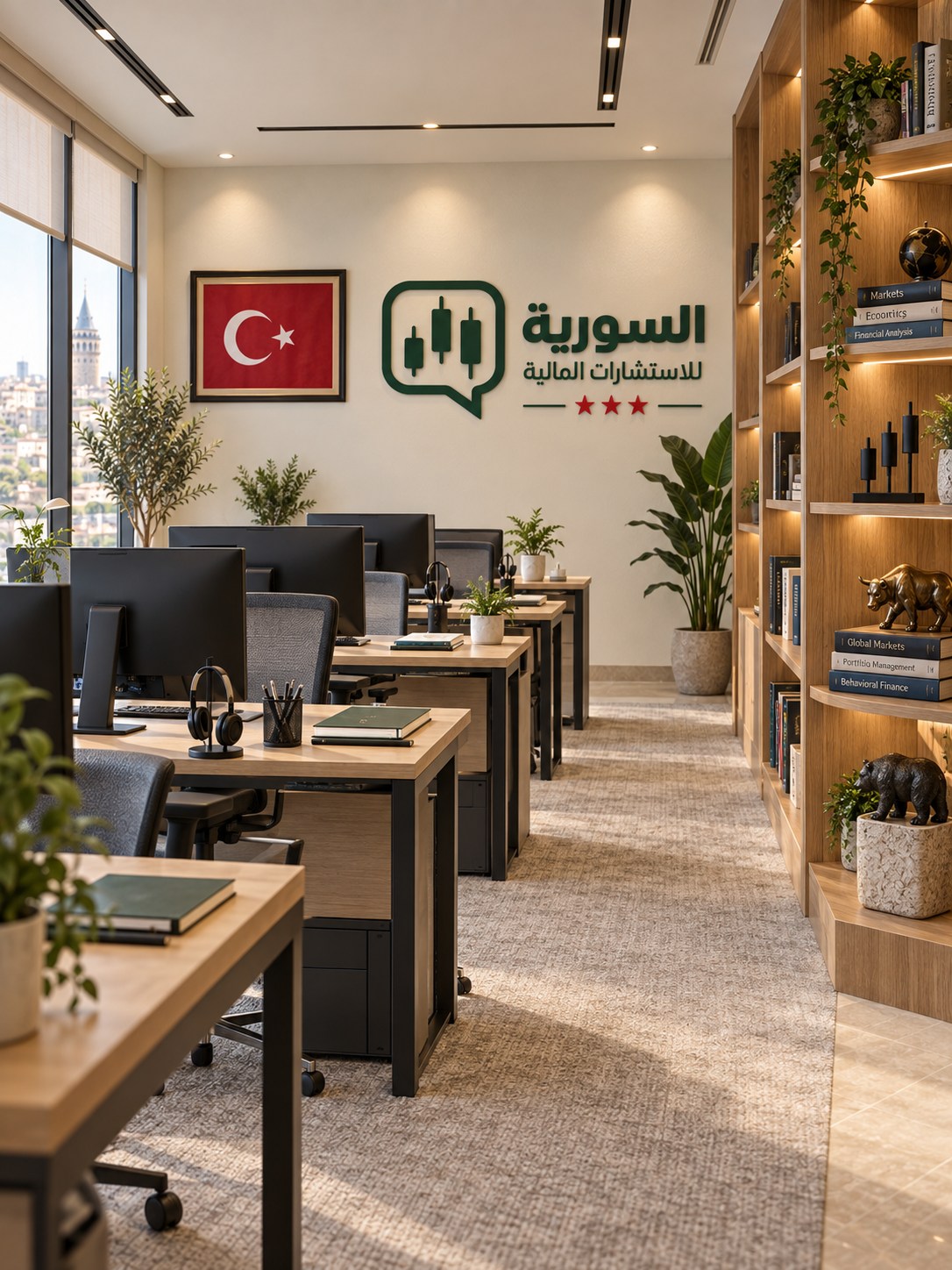 تصوّر تعبيري لمكتب مبيعات السورية في تركيا مع مكتبة كتب ومجسمات تداول وشعار الشركة وعلم تركيا على الحائط